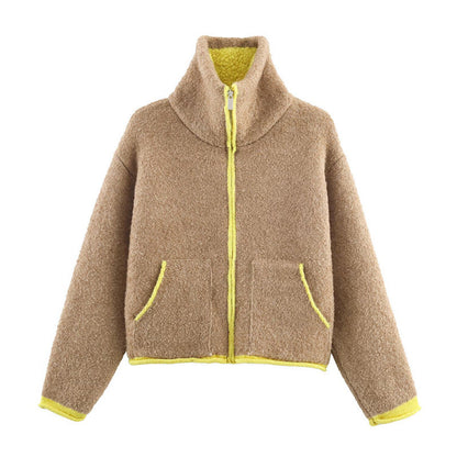 Damen Fleecejacke Oversized Hochkragen Praktische Taschen