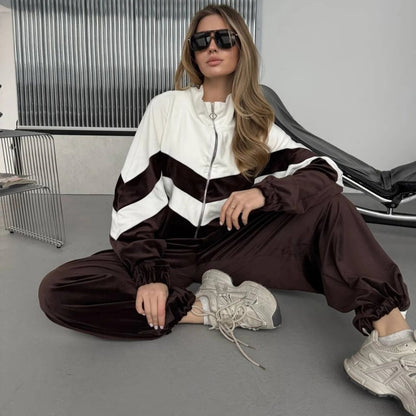 Damen Jogginganzug Velours Streifen Schwarz - Eveloria