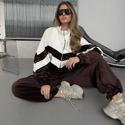 Damen Jogginganzug Velours Streifen Schwarz - Eveloria