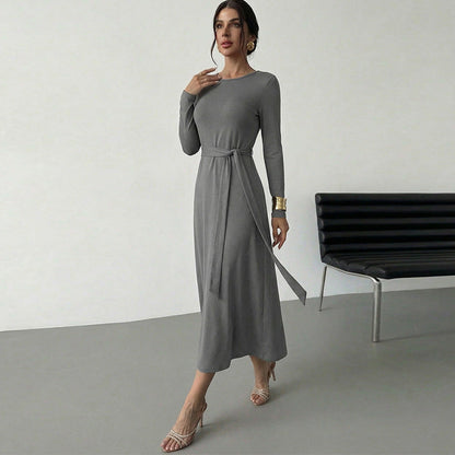 Damen Midikleid Tailliert Gürtel Langer Arm Eveloria