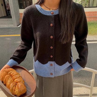 Damen Strickjacke Bunt Wellenmuster Knöpfe