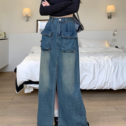 Damen Denimrock Lang Mit Taschen Blau Eveloria