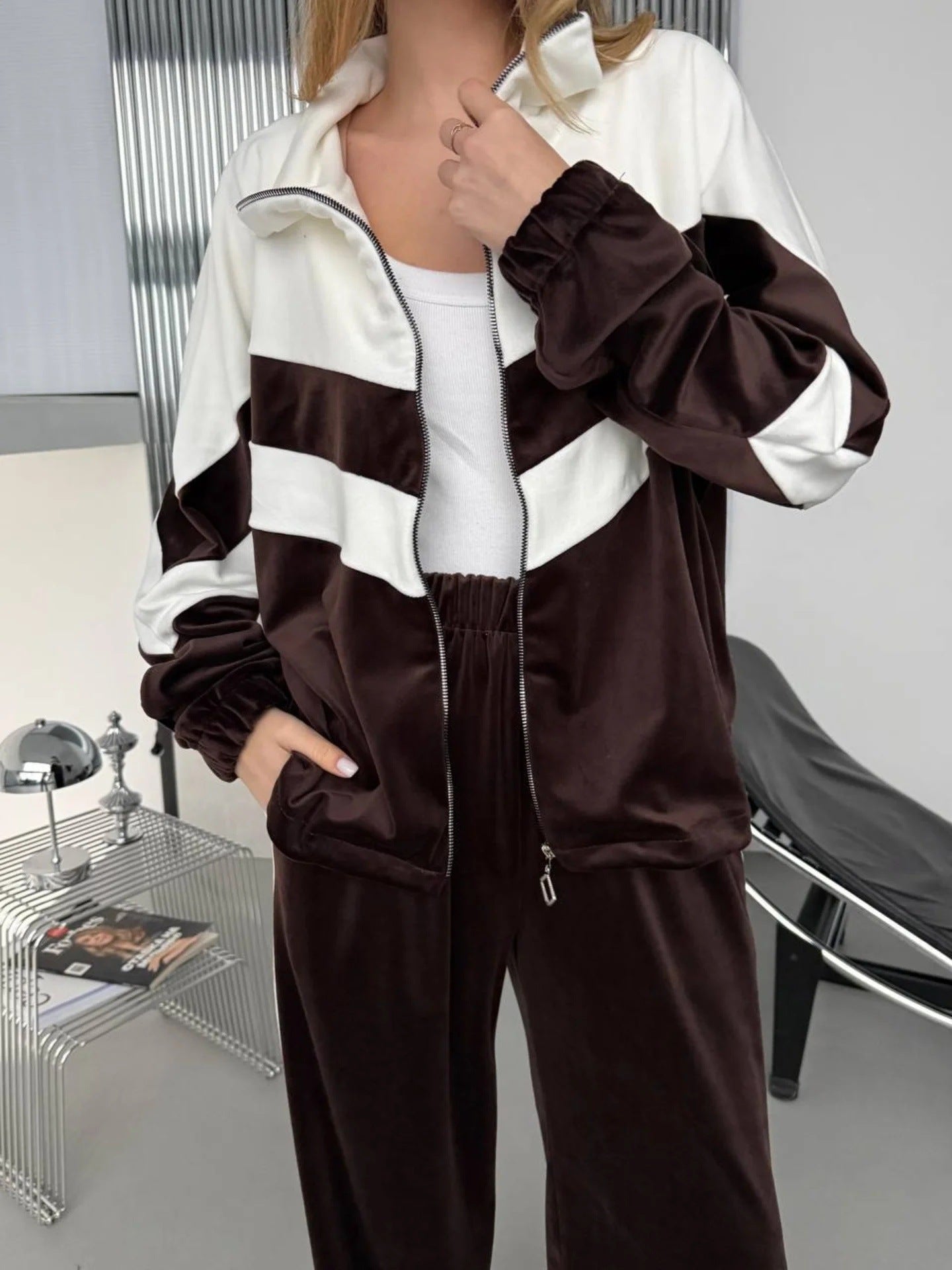 Damen Jogginganzug Velours Streifen