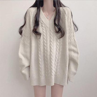 Damen Strickpullover V-Ausschnitt Großes Zopfmuster