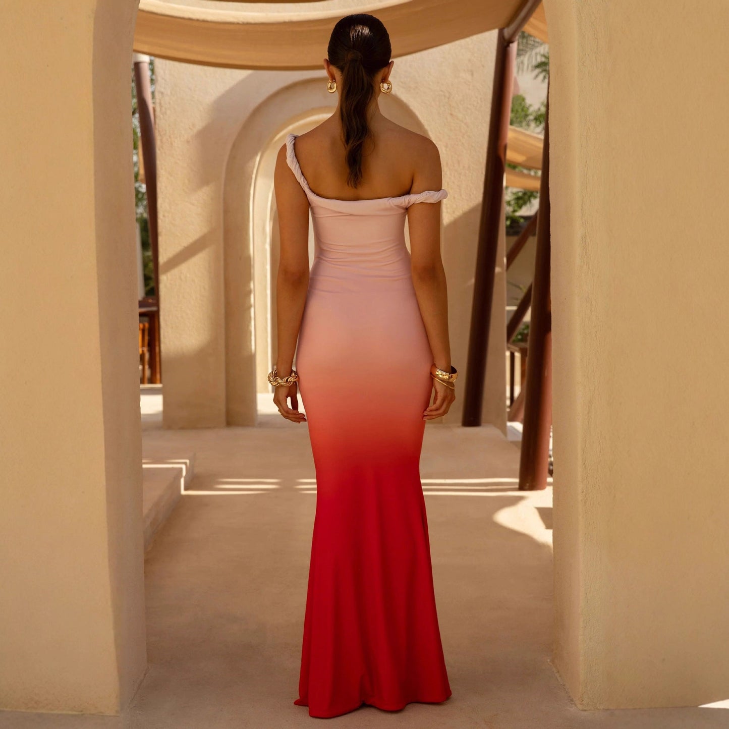 Damen Maxikleid Schulterfrei Raffung Eveloria