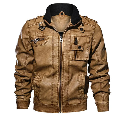 Herren Lederjacke Slim Fit Stehkragen Reißverschluss Multi-Taschen