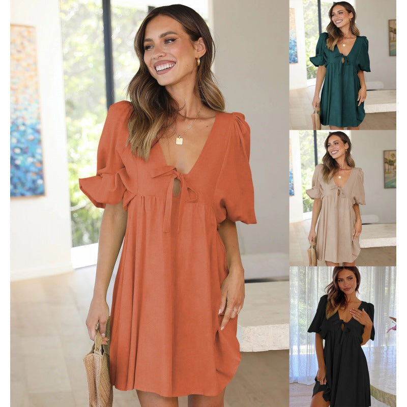 Damen Sommerkleid V-Ausschnitt Rüschenärmel Eveloria