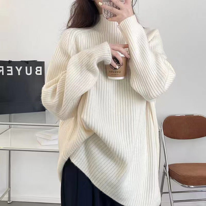 Damen Pullover Grobstrick Hohler Kragen Rippdesign Beige
