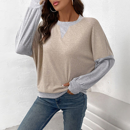 Damen Langarm-Pullover V-Ausschnitt Kontrastärmel Grau