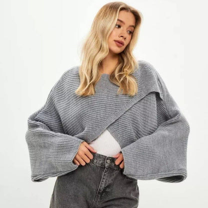 Damen Wickelpullover Lässig Weit Strukturiert Grau Eveloria