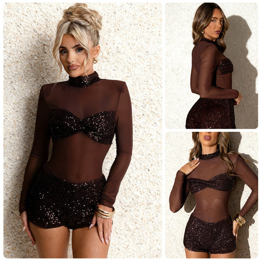 Damen Glitzer-Jumpsuit Lange Ärmel Eveloria - Eveloria