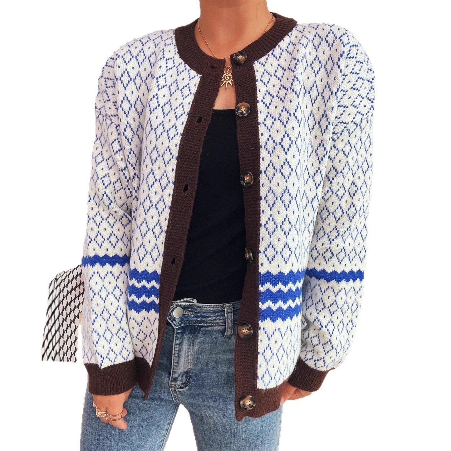 Damen Strickjacke Geometrisches Muster Elegante Knöpfe Eveloria