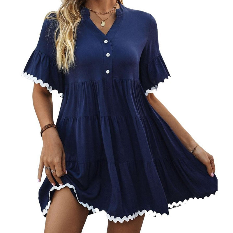 Damen Sommerkleid Luftig Kontrastsaum Knöpfe Pastell