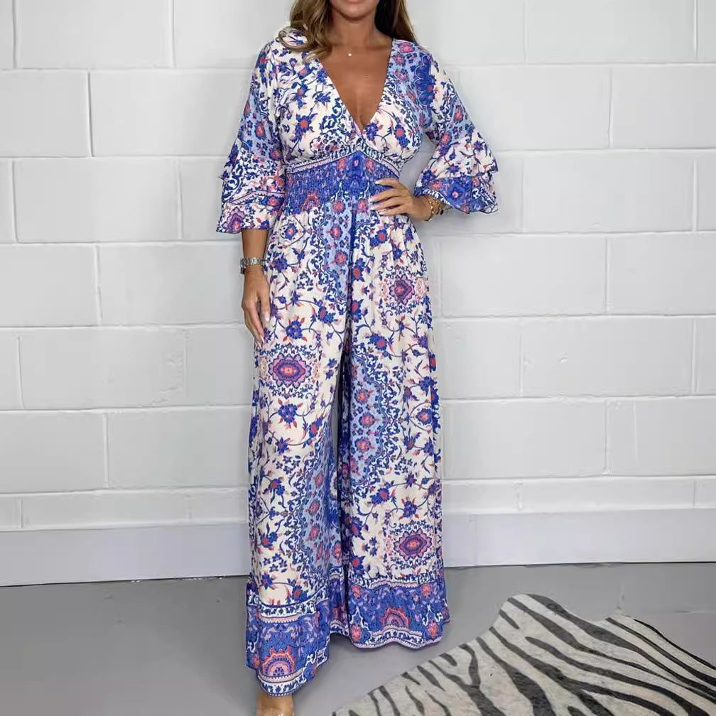 Damen Jumpsuit Floralmuster Weite Ärmel Eveloria