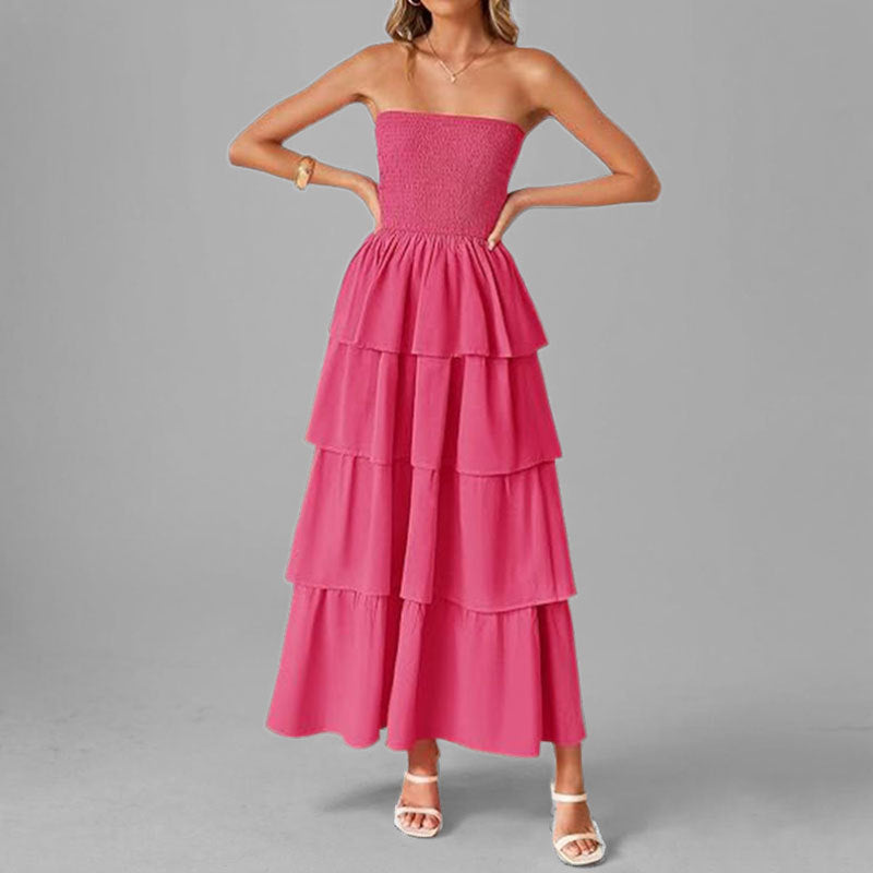 Damen Maxikleid Schulterfrei Voluminöser Stufenrock