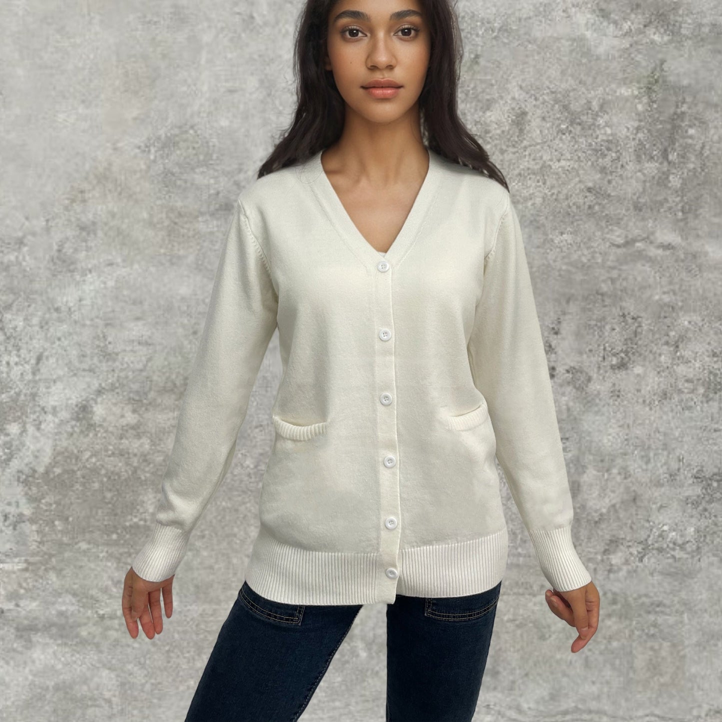 Damen Strickjacke Rippenmuster Baumwolle Beige