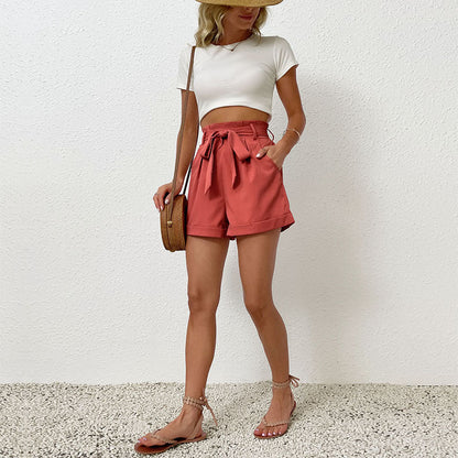 Damen High-Waist-Shorts mit Schleifenbindung und Taschen