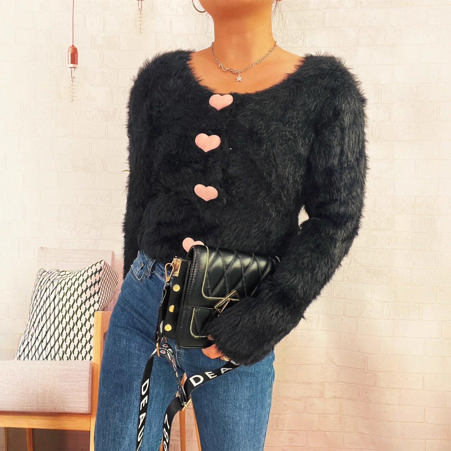 Damen Cardigan Flauschig Herzknöpfe