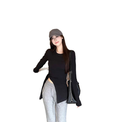 Damen Langarmshirt Rundhalsausschnitt Seitenschlitzen Eveloria