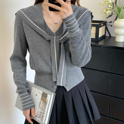 Damen Strickjacke Dekorativer Kragen Knöpfe Grau