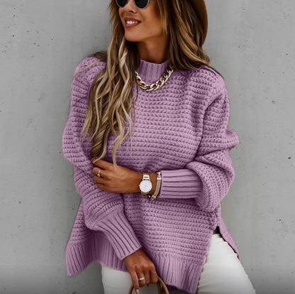 Damen Grobstrickpullover Hochgeschlossener Kragen Seitliche Schlitzen