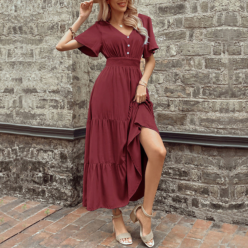 Damen Maxikleid Rüschendetails Taillengürtel Eveloria