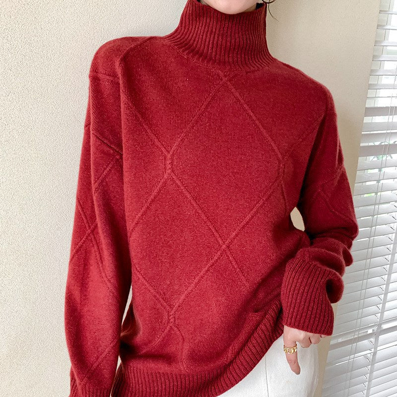 Damen Pullover Hochgeschlossener Kragen Strukturiertes Rautenmuster