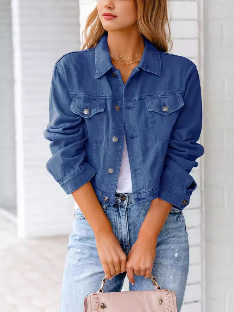 Damen Denimjacke Kurz Modischer Schnitt Blau Eveloria