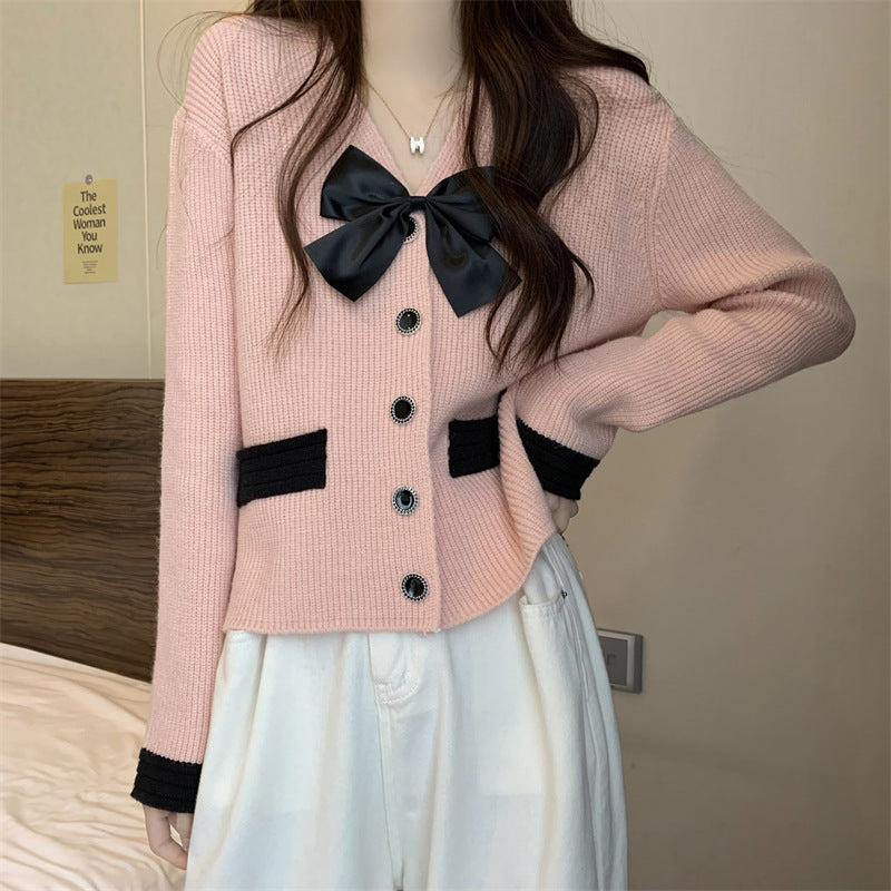 Damen Strickjacke mit Satinband und Knöpfen