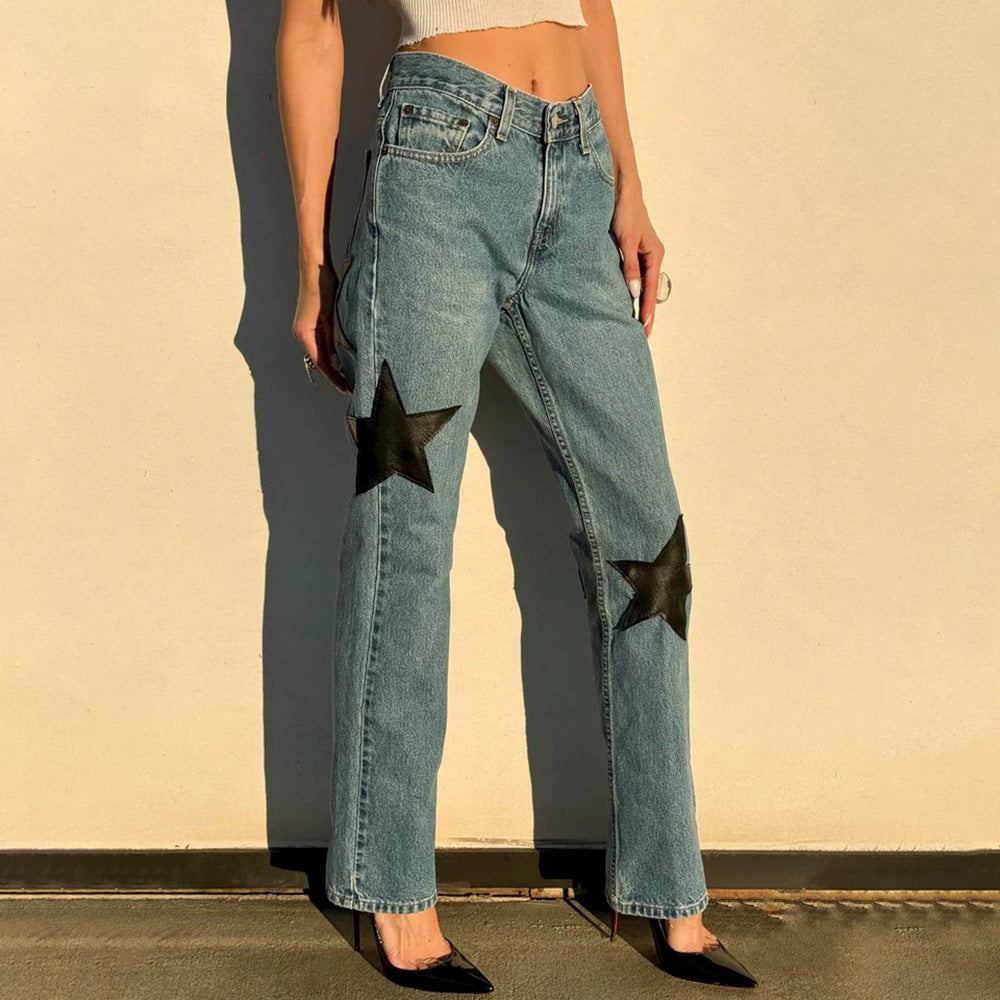 Damen Jeans Modisch Sternen Applikationen Blau Eveloria