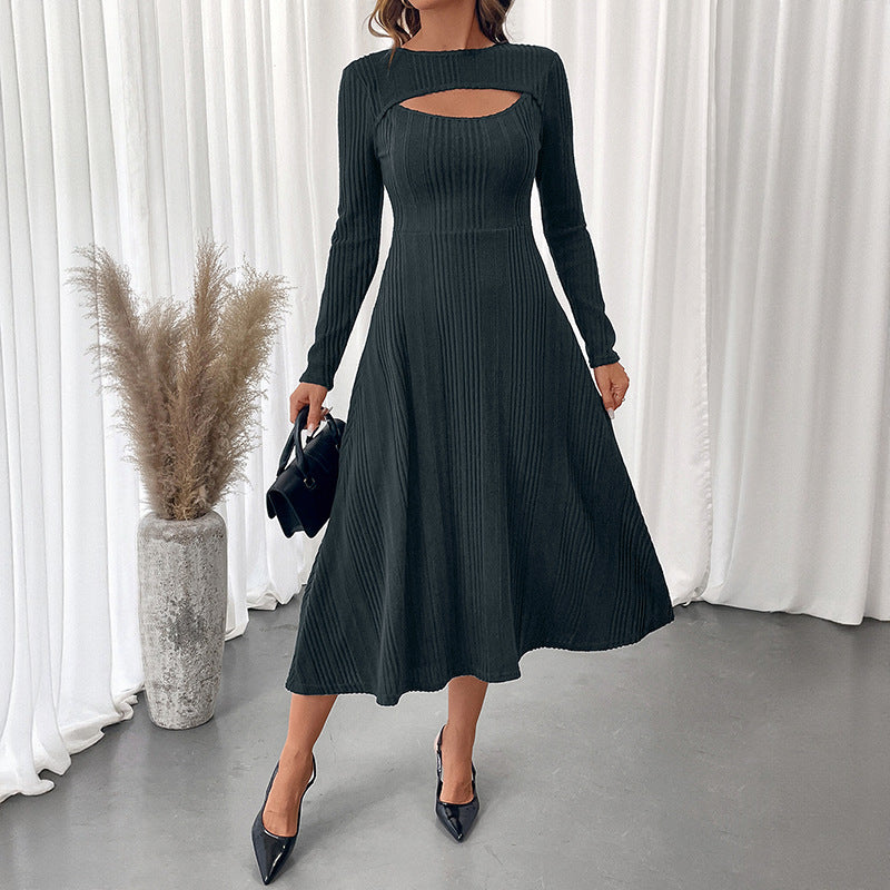 Damen Midi-Kleid Rippstrick Cut-Out Elegant Schwarz - Eveloria