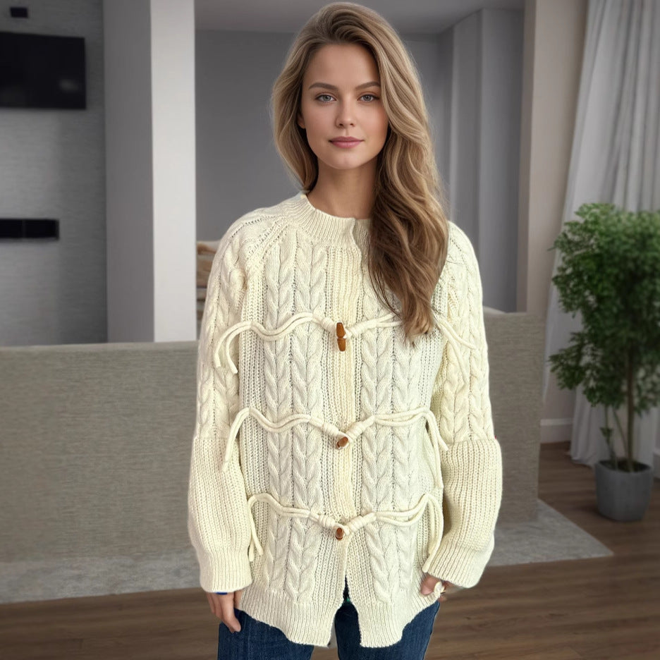 Damen Grobstrickjacke Kordelzug Holzknöpfe Beige - Eveloria
