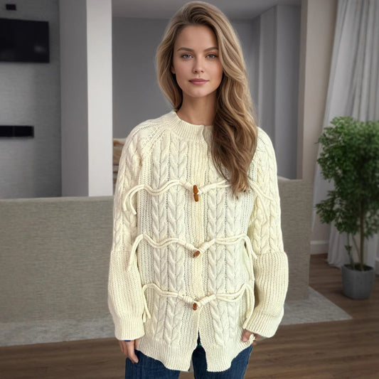 Damen Grobstrickjacke Kordelzug Holzknöpfe Beige - Eveloria