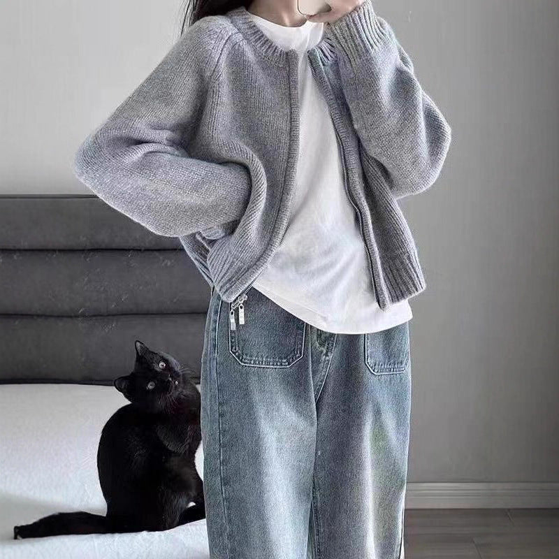 Damen Strickjacke Reißverschluss Grau Eveloria