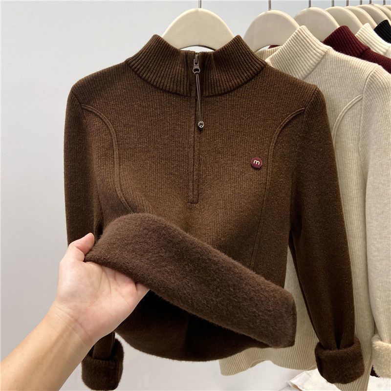 Damen Strickpullover Stehkragen Reißverschluss Eveloria