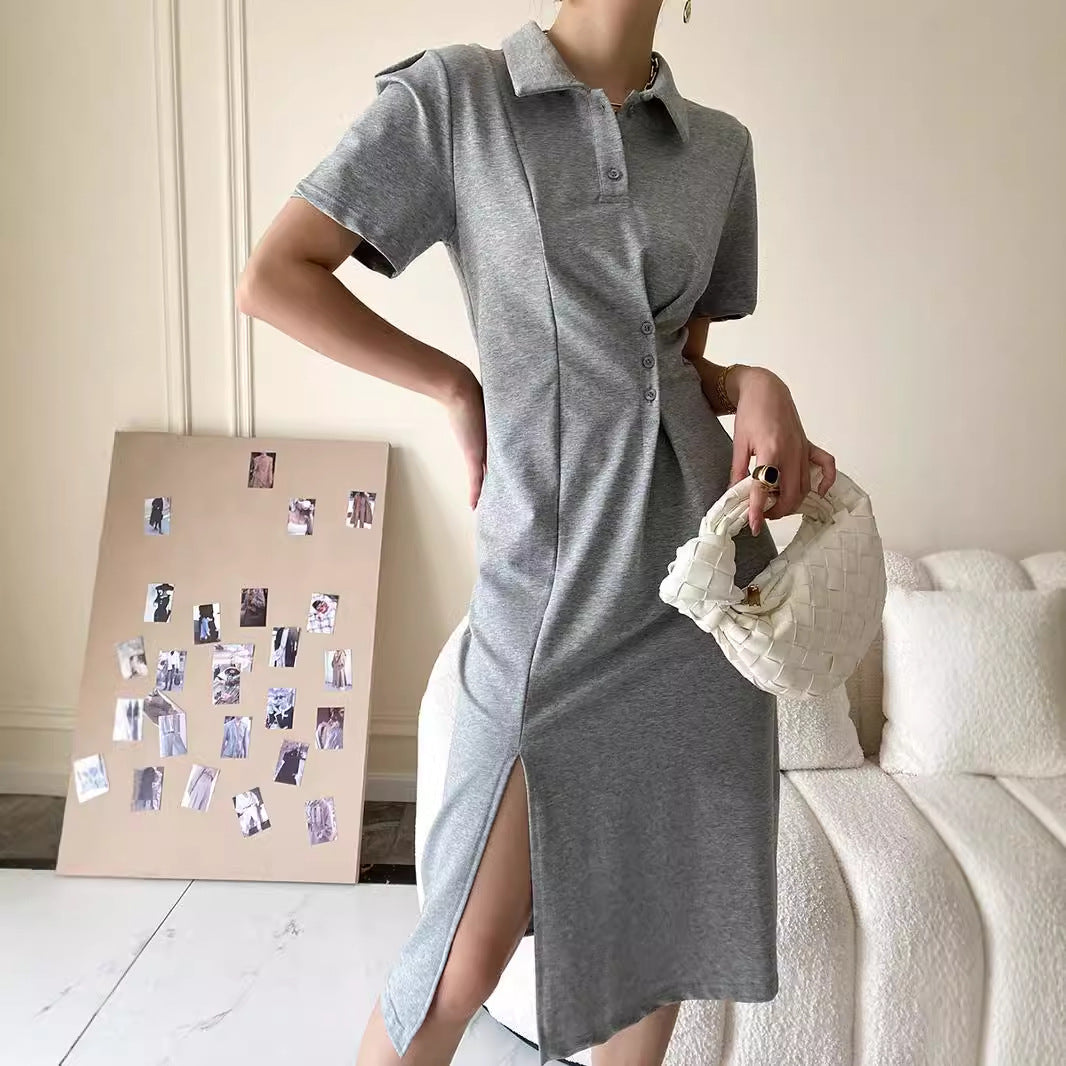 Damen Polokleid mit Knöpfen Asymmetrischer Saum Eveloria