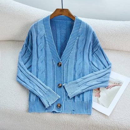 Damen Cardigan Grobstrick V-Ausschnitt Zopfmuster Beige