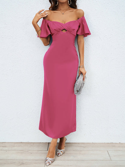 Damen Maxikleid Schulterfrei mit Knotendetail und fließendem Stoff