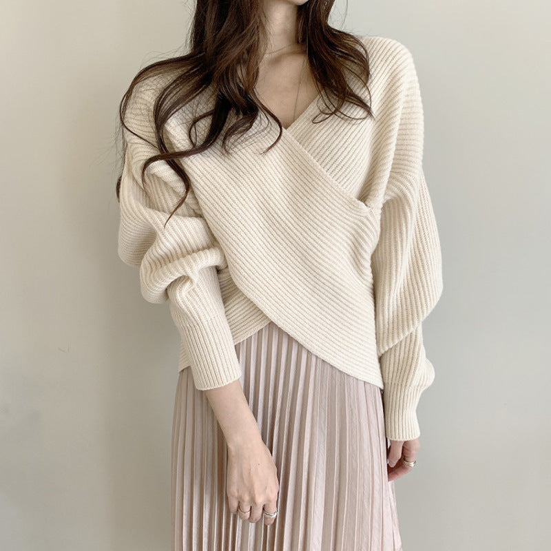 Damen Wickelpullover Modernes Strukturdesign Eveloria