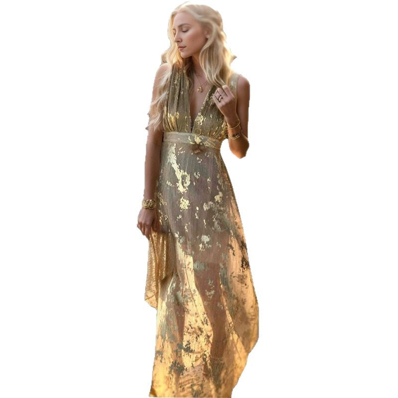 Damen Abendkleid Elegant Fließend Gold Akzente V-Ausschnitt