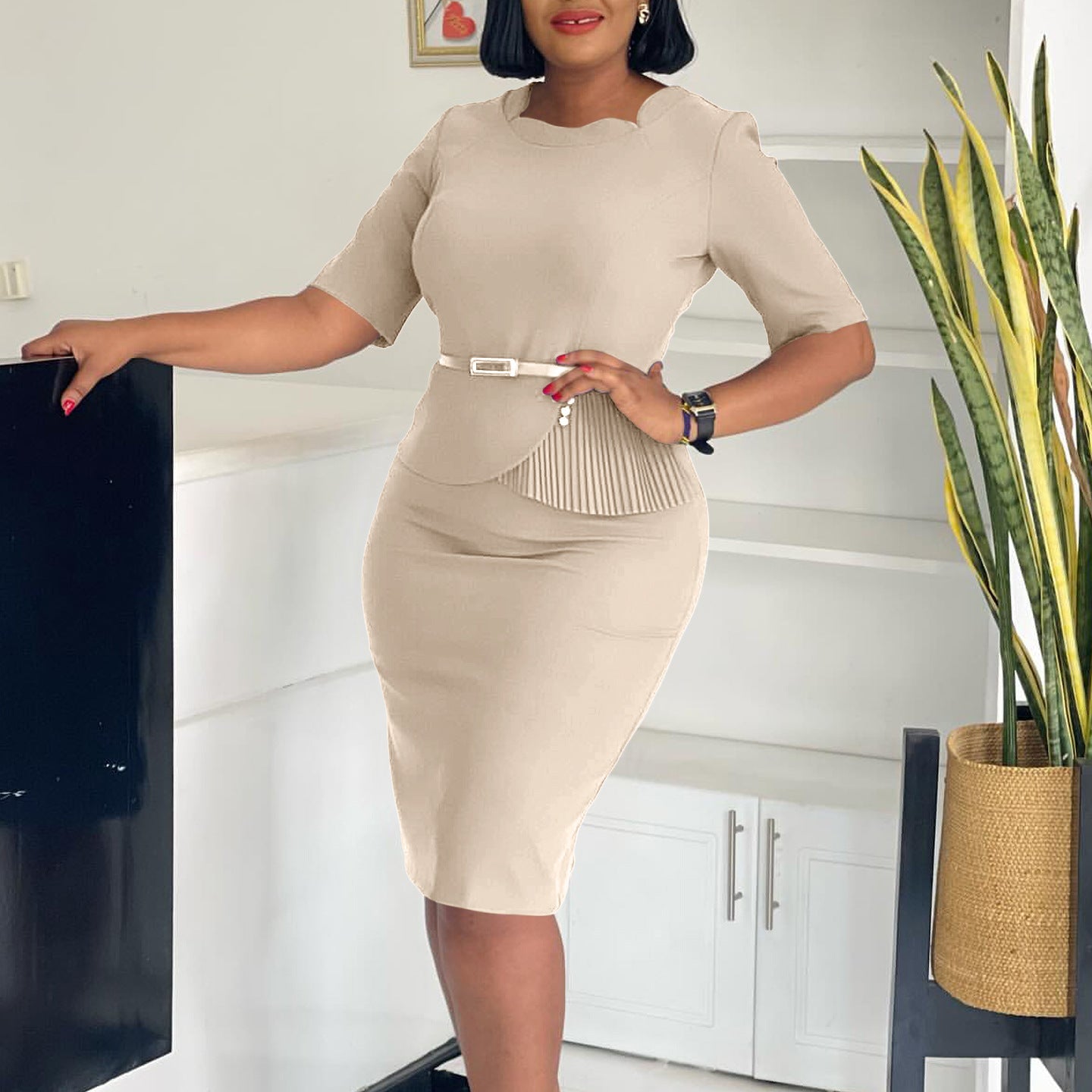 Damen Midi-Kleid Drapierung Vorderseite Abnehmbarer Gürtel Eveloria