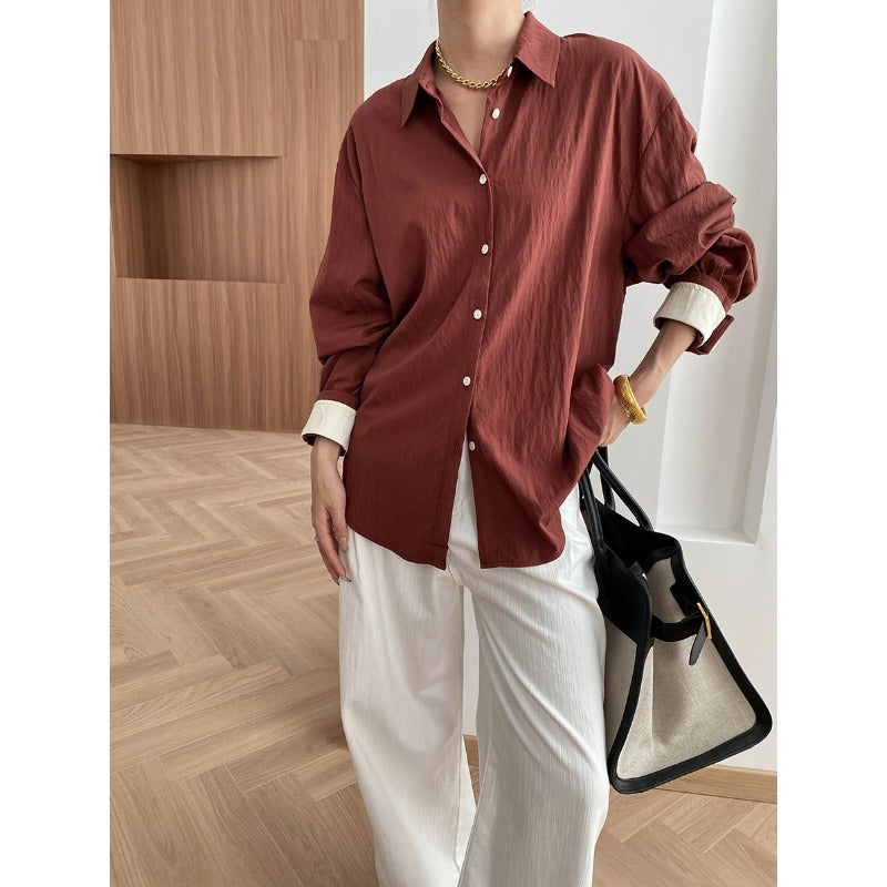 Damen Oversized Hemdbluse Feine Details Kontrastärmel - Eveloria