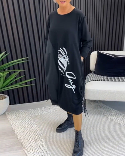 Damen Oversized Hoodie-Kleid mit Seitentaschen und Grafikdruck