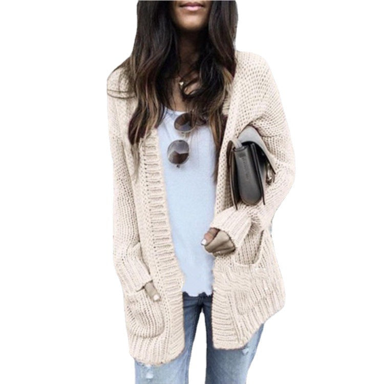 Damen Cardigan Grobstrick Offene Front Mit Taschen Beige