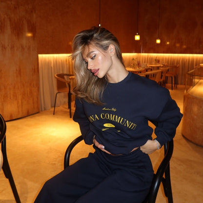 Damen Oversized Sweatshirt Anzug mit Schriftzug Elastisch
