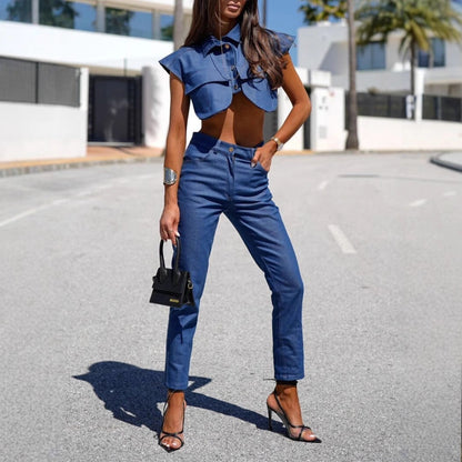 Damen Denim Crop- Weites Design Blau