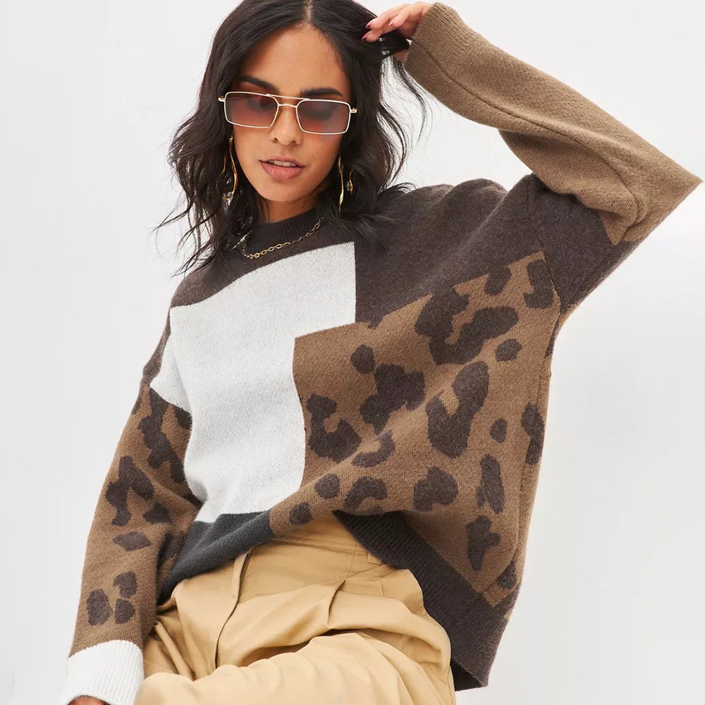 Damen Grobstrickpullover Leo-Design Bunt