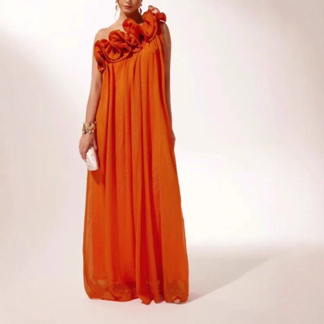 Damen Maxikleid Asymmetrisch Rüschen Elegant Eveloria