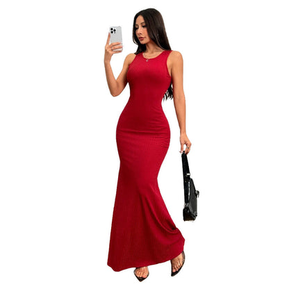Damen Ripp Maxi-Kleid Figurbetont Rundhalsausschnitt Eveloria