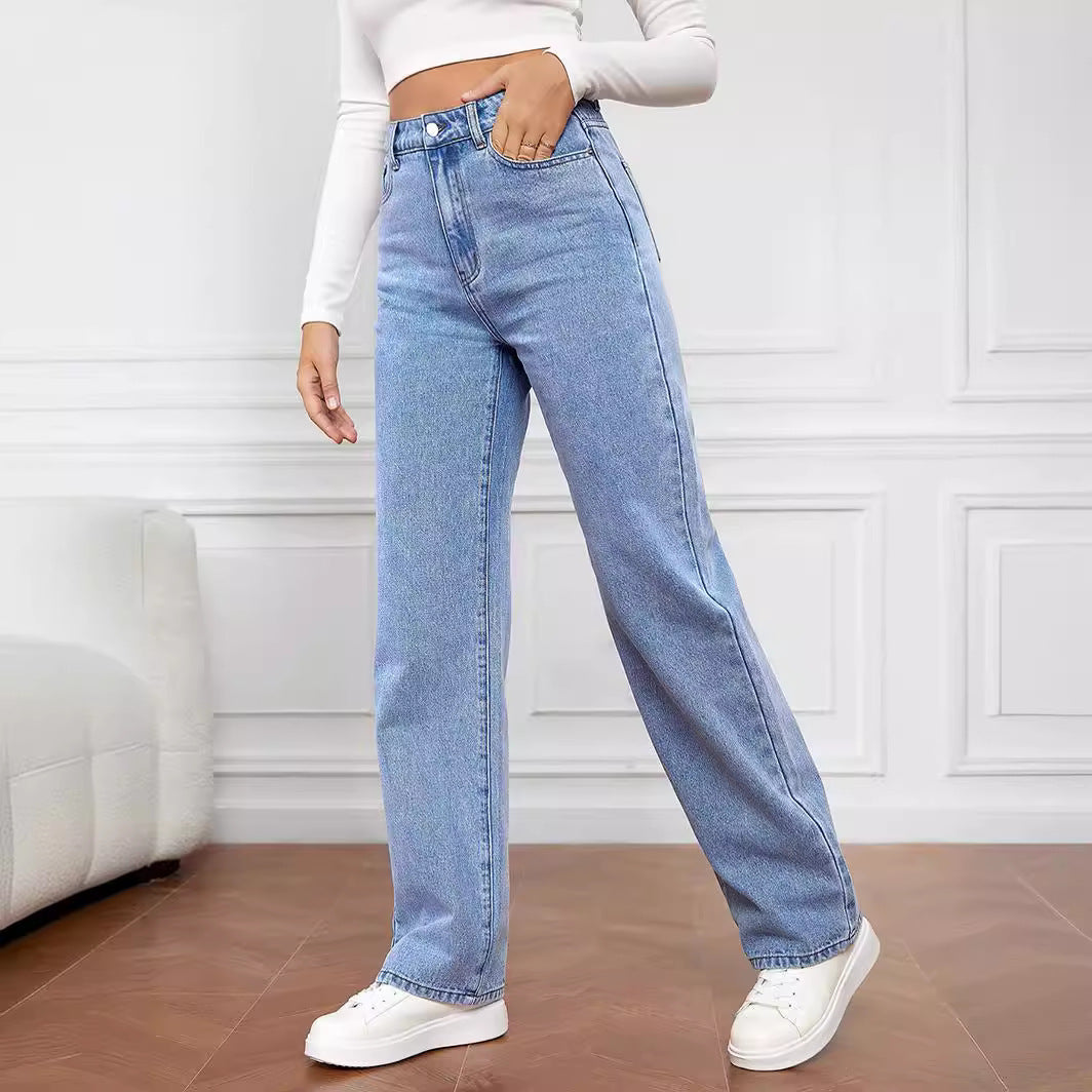 Damen High-Waist Jeans Weit Bequem Blau Eveloria
